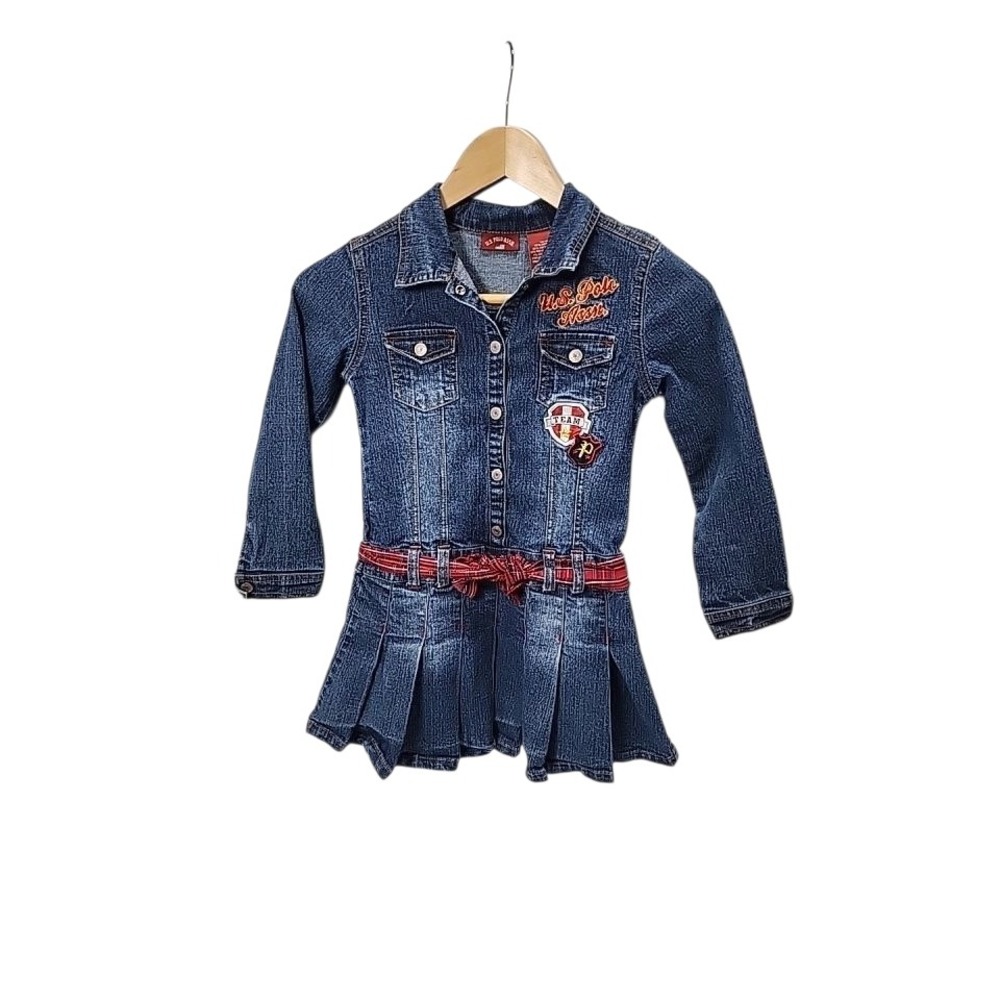 U.S. Polo Assn. Kids Denim Dress Red Plaid Belt Patches‎ Long Sleeve